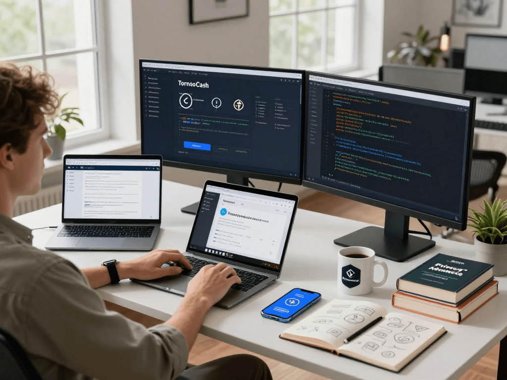 Modern workspace showcasing Tornado Cash for cryptocurrency privacy, with dual screens and innovative tech elements.