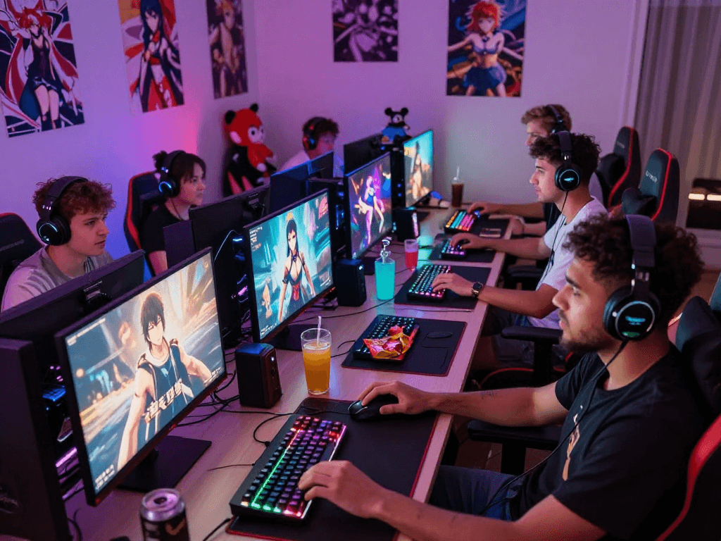 Gamers immersed in playing hentai games in a vibrant gaming den.