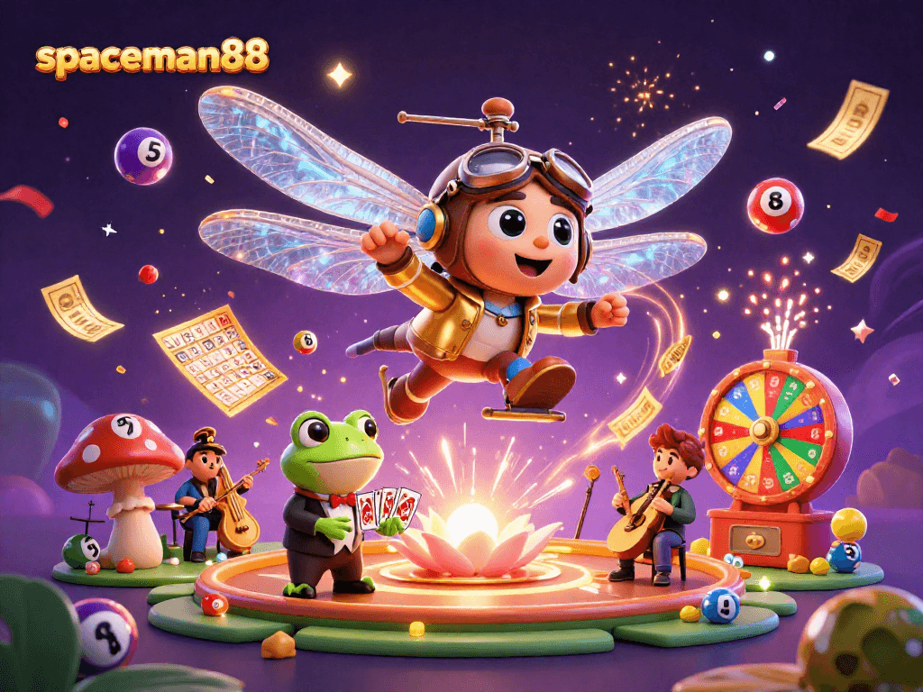 spaceman88 highlights excitement in a vibrant casino scene with dynamic lottery elements and fun characters
