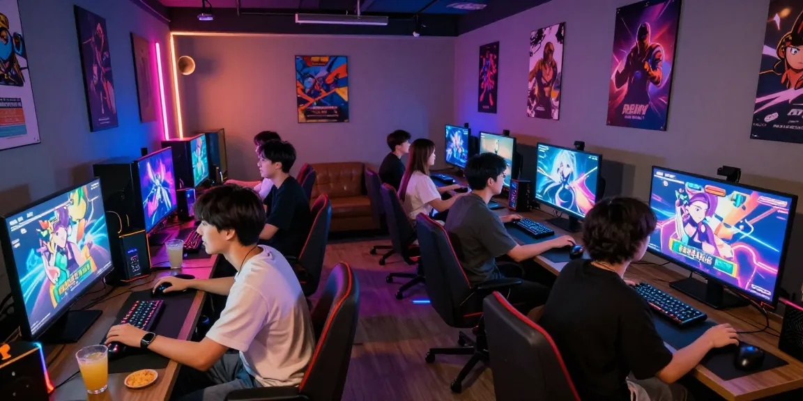 Group of friends enjoying interactive porngame sessions in a vibrant gaming lounge.