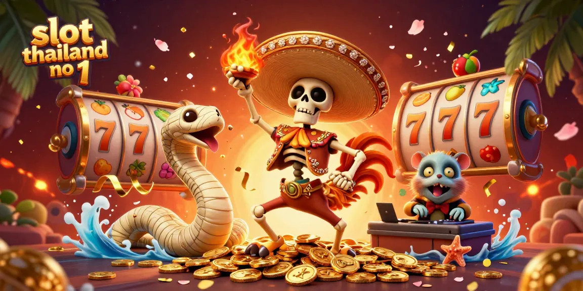 Win big with slot thailand no 1 in a vibrant 3D casino scene featuring festive characters and exciting game elements.