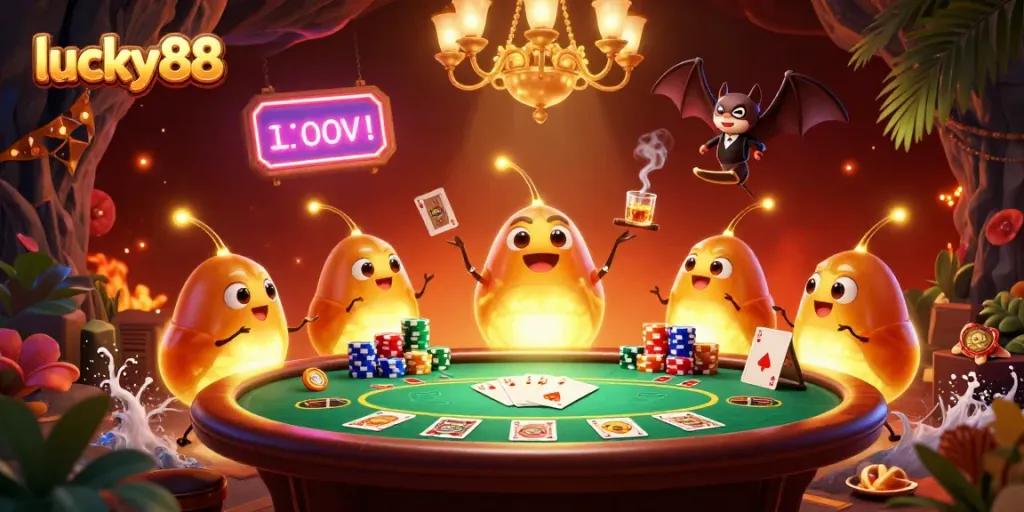 Engage with lucky88 in this vibrant cave casino scene illuminated by glowing cartoon characters.