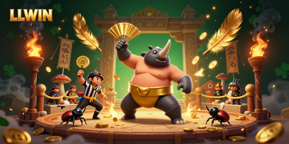 LLWIN casino dynamic scene featuring a rhinoceros beetle champion surrounded by excitement and gold coins.