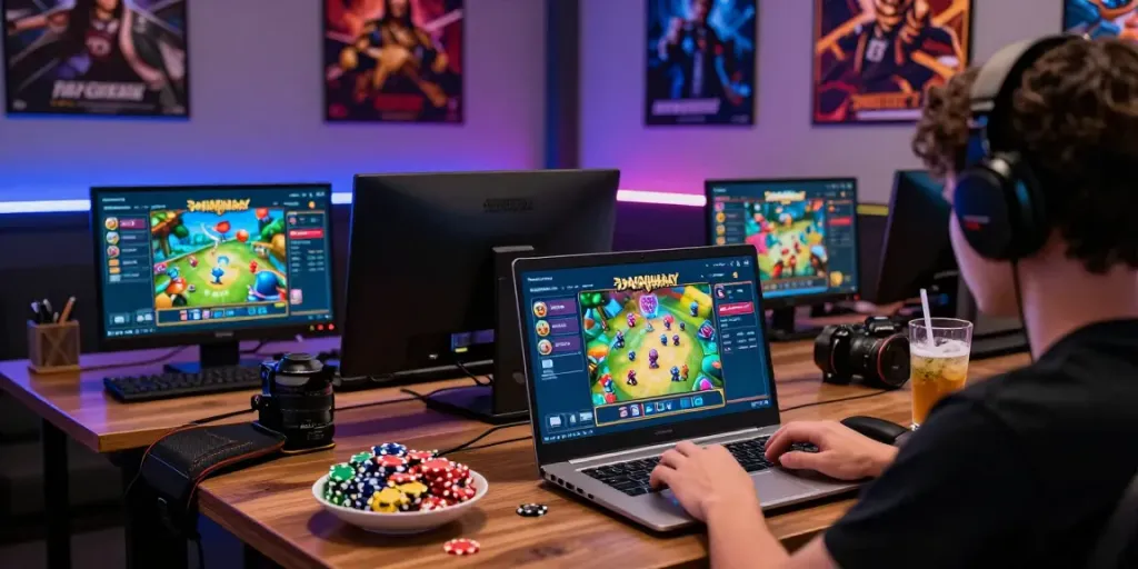 Engaging user interface for Bandar Togel in a gaming setup with snacks and ambient lighting.