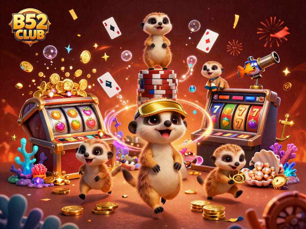 B52CLUB meerkats running a vibrant casino, showcasing slot reels and dynamic game elements.