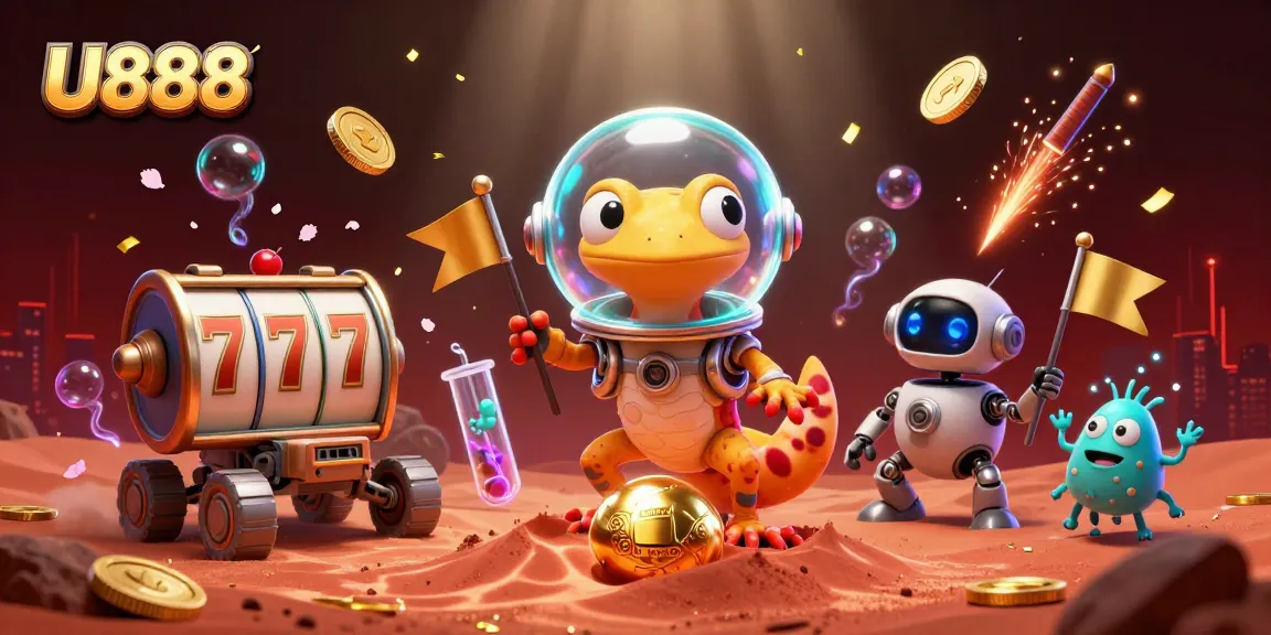 U888 Martian gecko explores an exciting golden casino scene with casino elements in vibrant detail.