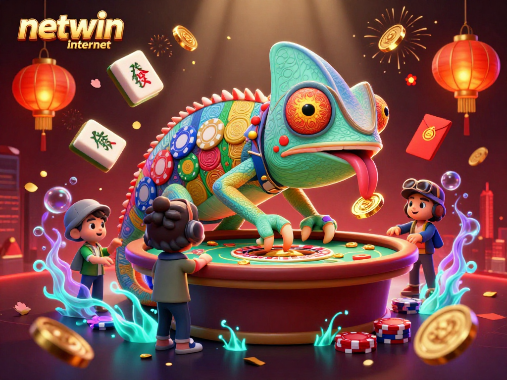 Engage with the vibrant world of netwin internet, featuring a chameleon casino owner amidst festive symbols.