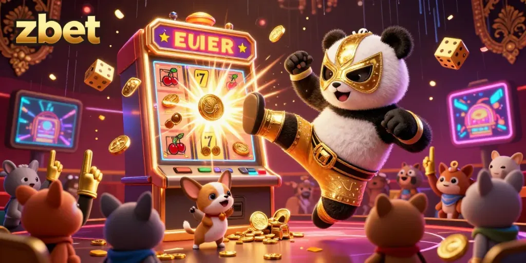 Experience thrilling gaming action with zbet as a panda wrestler kicks through the excitement of a vibrant casino.