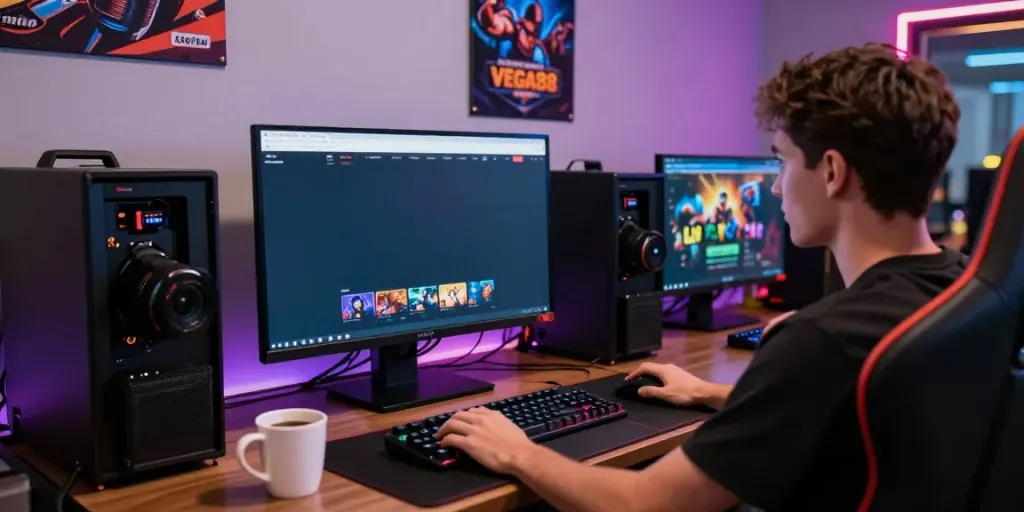 Online betting enthusiast engaging with Link Alternatif Vegas88 in a vibrant gaming setup.