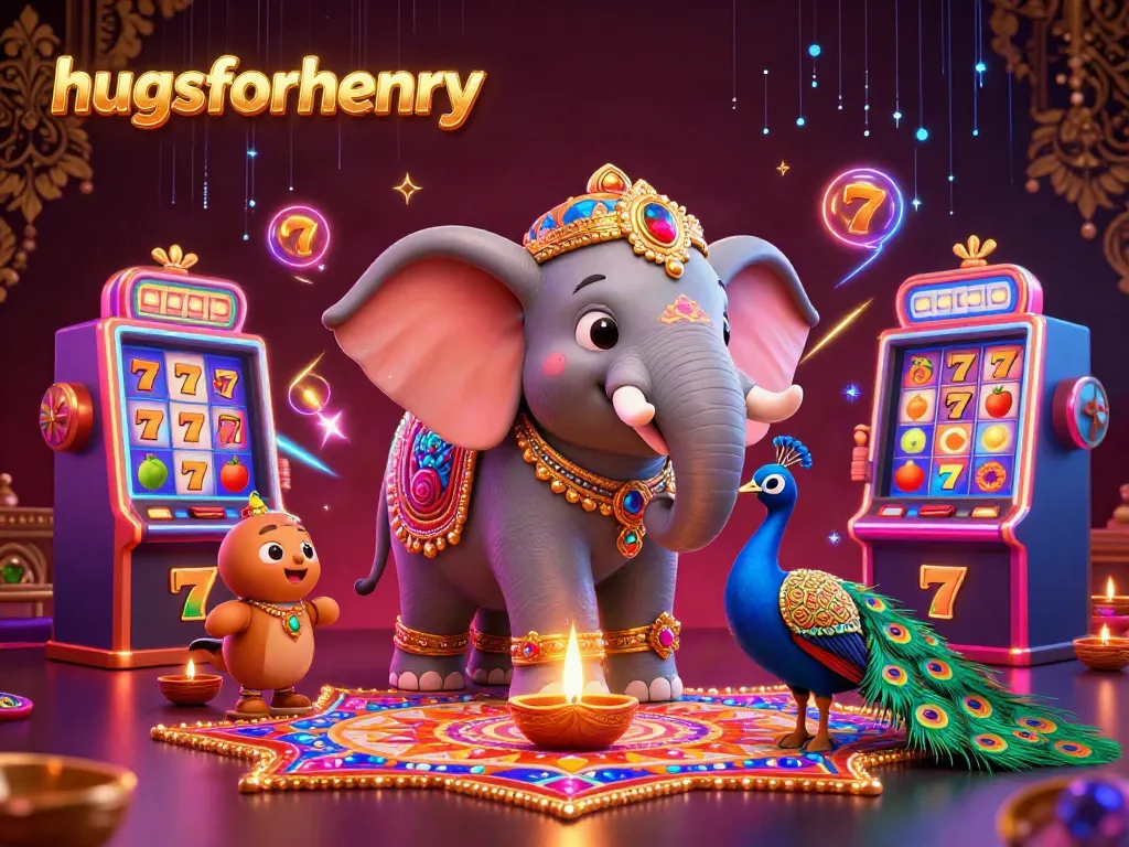 Engage with hugsforhenry in a vibrant 3D casino scene showcasing a magical elephant and peacock amidst dynamic slot machines.