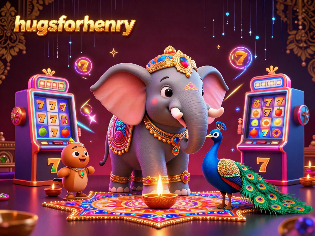 Engage with hugsforhenry in a vibrant 3D casino scene showcasing a magical elephant and peacock amidst dynamic slot machines.