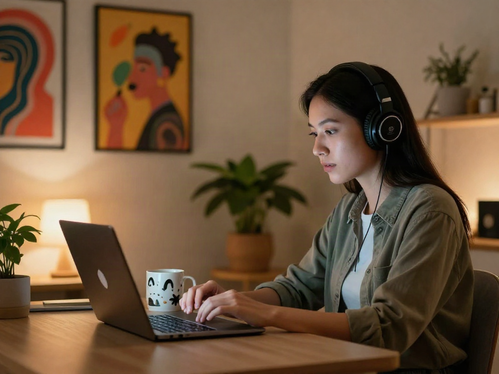 Engaging in ai sex chat in a cozy home office environment, highlighting modern digital communication.