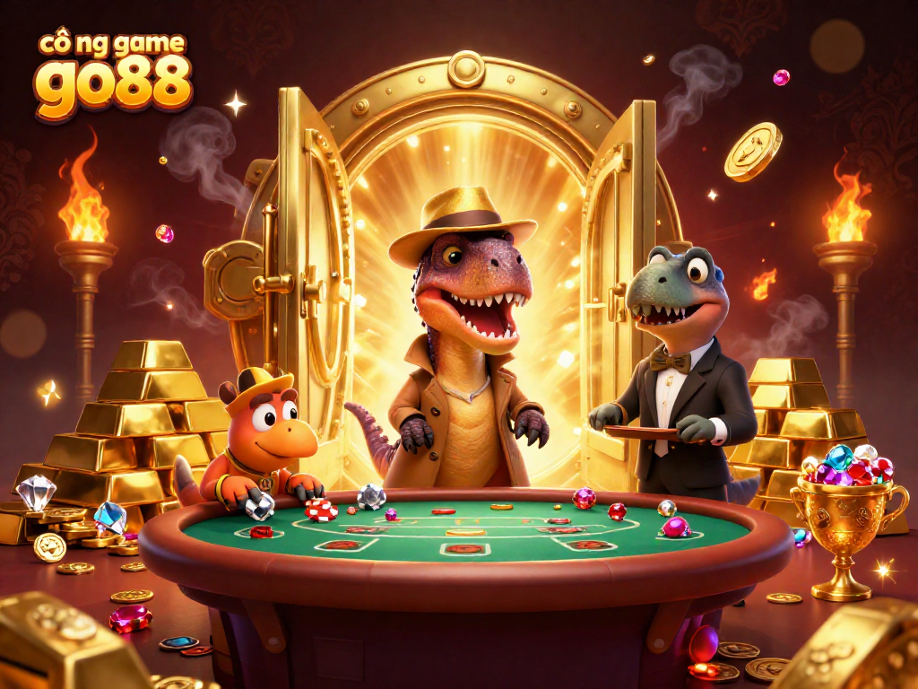 Engage with cổng game go88 as a velociraptor card counter at a blackjack table amidst a treasure-filled scene.