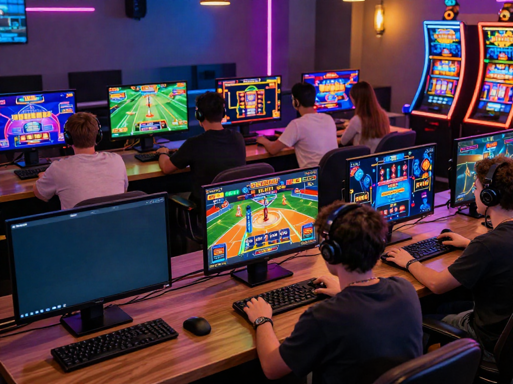 Players engaging with DEBET gaming platform in vibrant lounge.