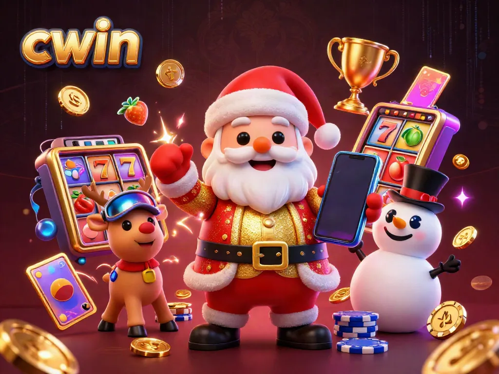 Experience thrilling jackpots with CWIN, featuring a vibrant casino scene with Santa and friends.