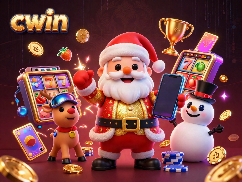 Experience thrilling jackpots with CWIN, featuring a vibrant casino scene with Santa and friends.