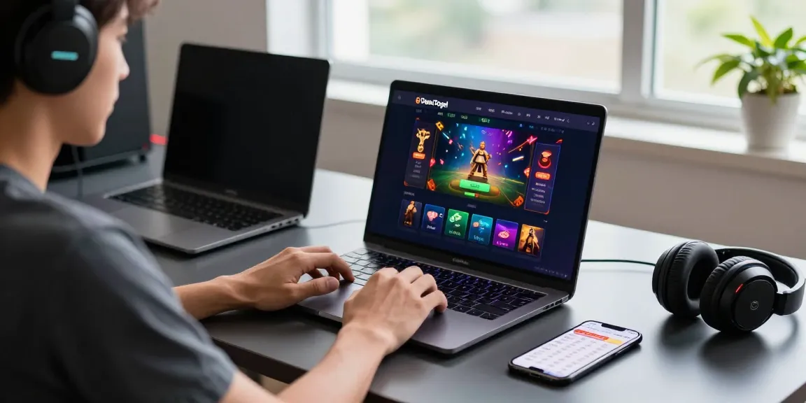 Login Dewatogel in a vibrant gaming workspace with modern tech and accessories.