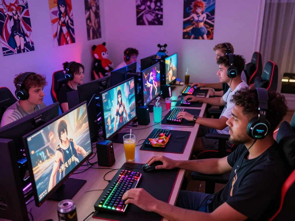 Gamers immersed in playing hentai games in a vibrant gaming den.