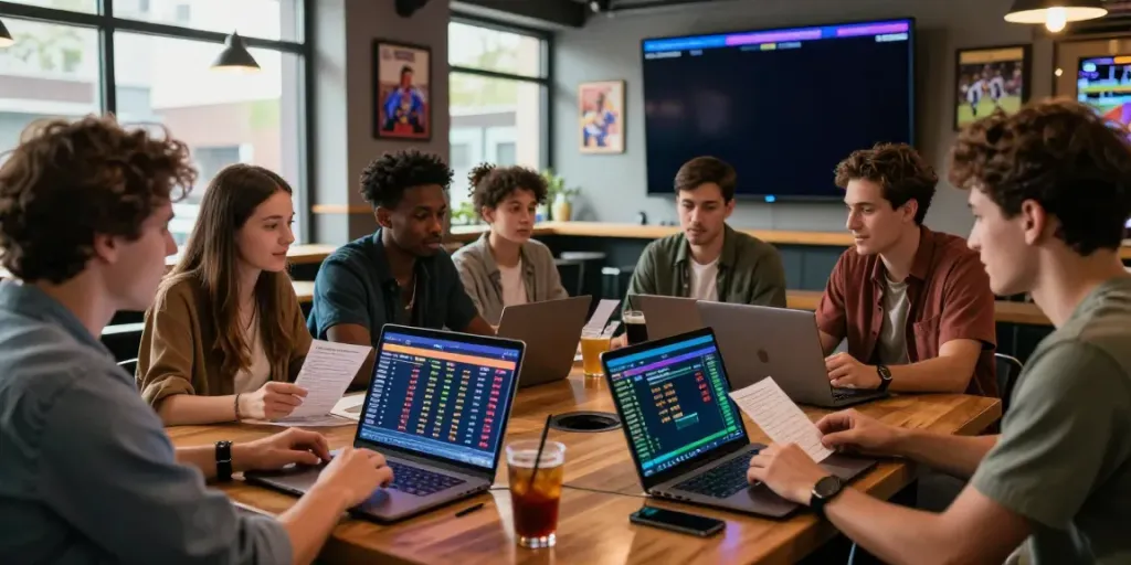Engaged bettors at a sports bar discussing Taruhan Bola DewaGG strategies with laptops and screens showing odds.