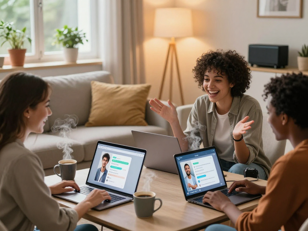 Engaging friends using AI porn chat in a cozy living room, showcasing interactive technology.
