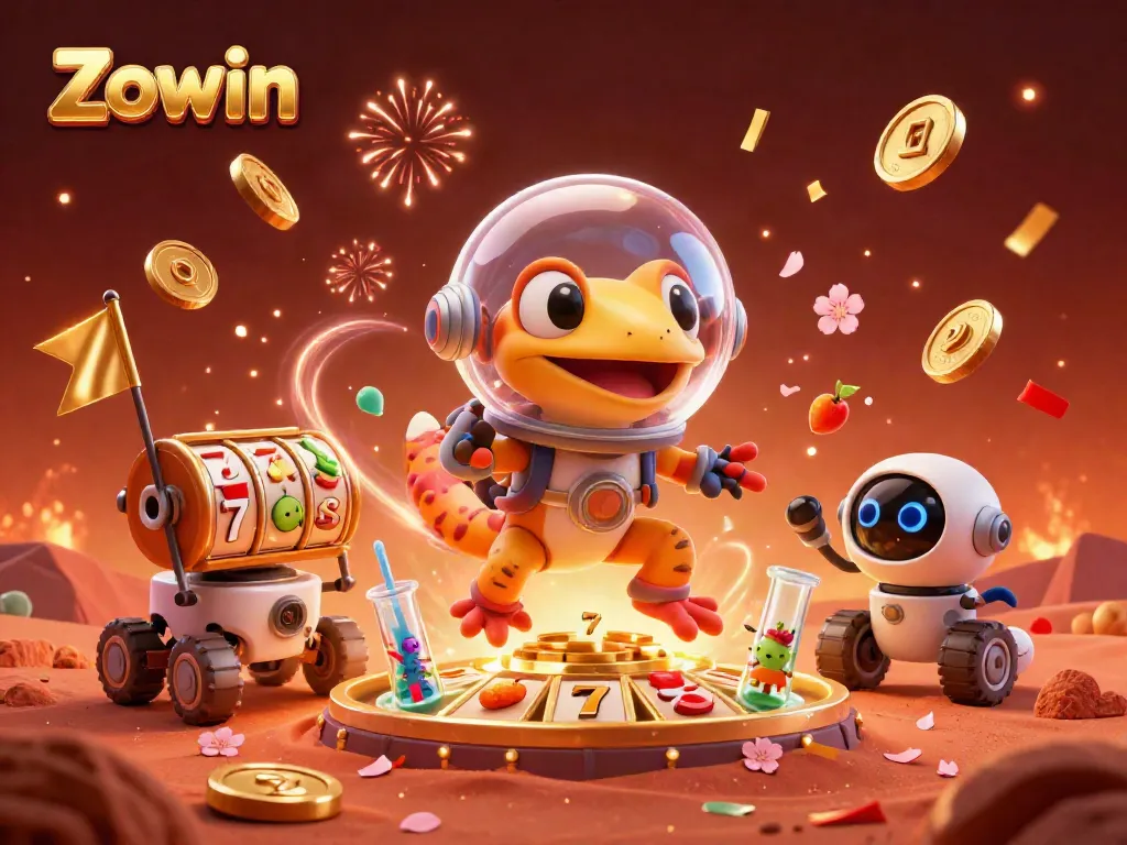 Experience Zowin's thrilling casino adventure with a Martian gecko amidst rich, festive elements.