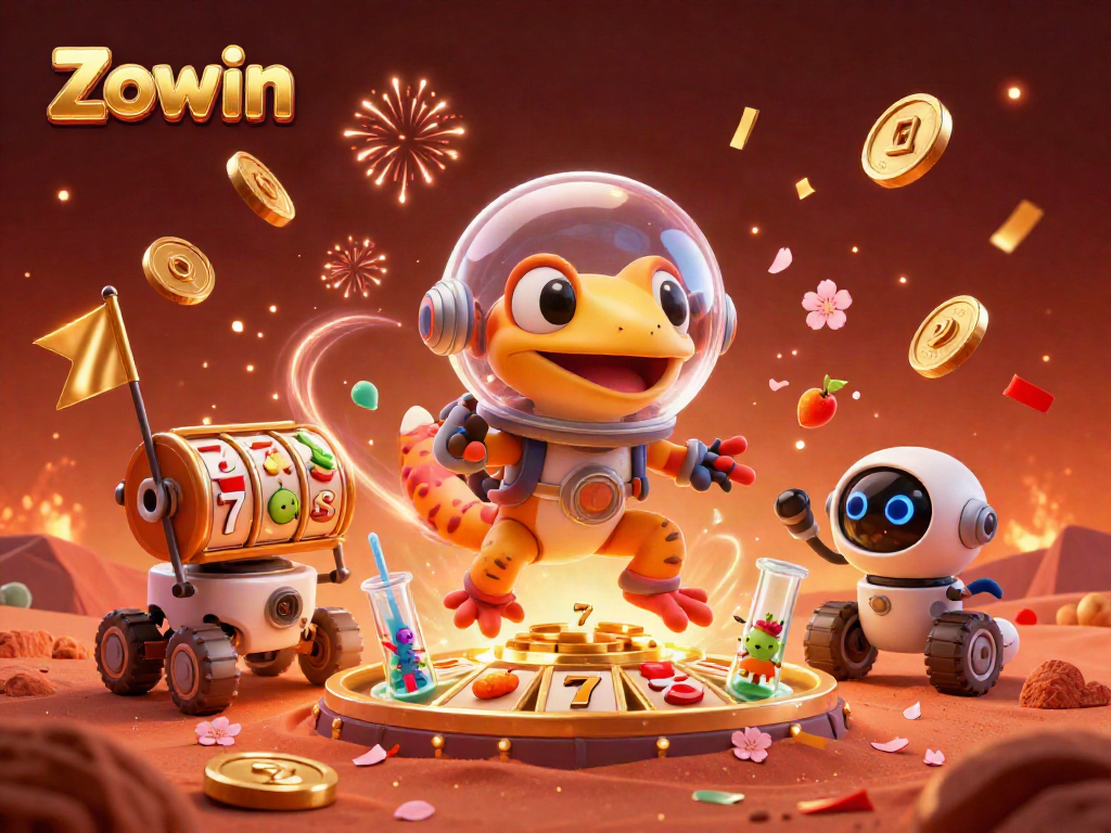 Experience Zowin's thrilling casino adventure with a Martian gecko amidst rich, festive elements.