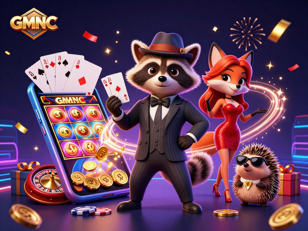 Experience the winning potential with GMNC in this vibrant casino scene featuring exciting games and animated characters.