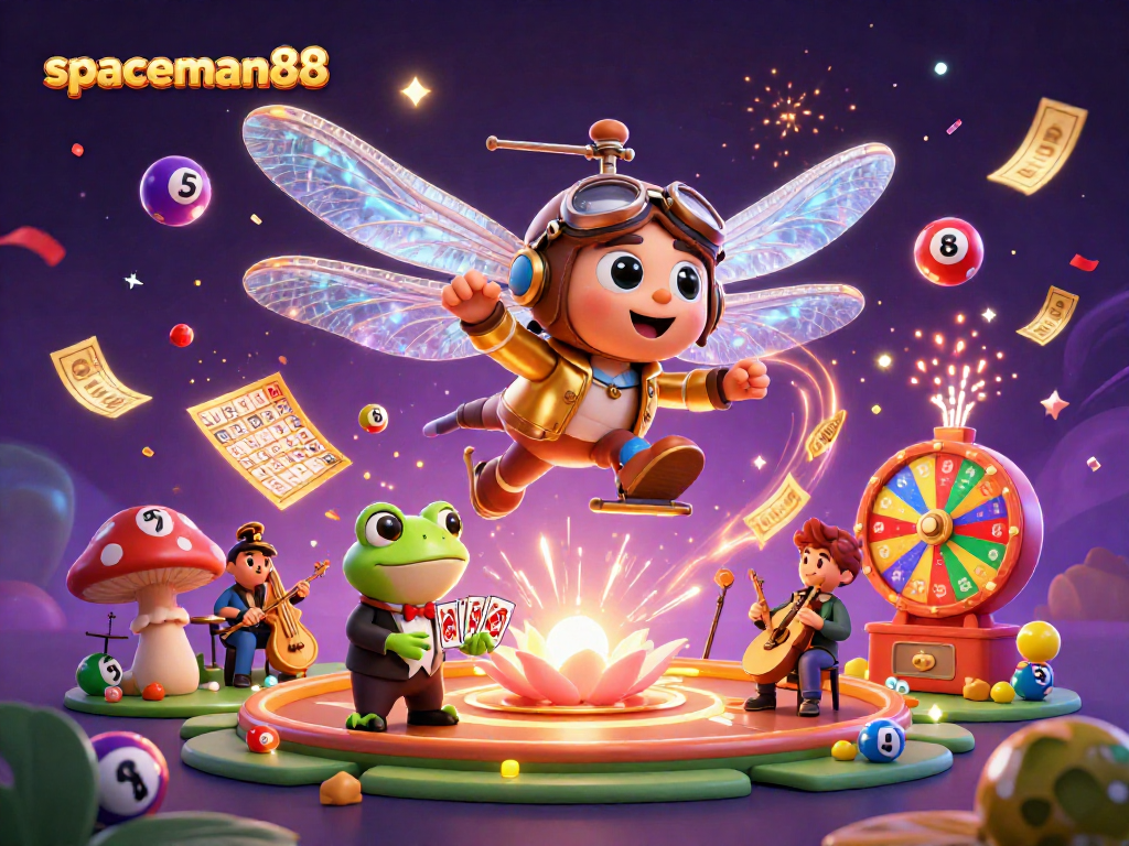 spaceman88 highlights excitement in a vibrant casino scene with dynamic lottery elements and fun characters
