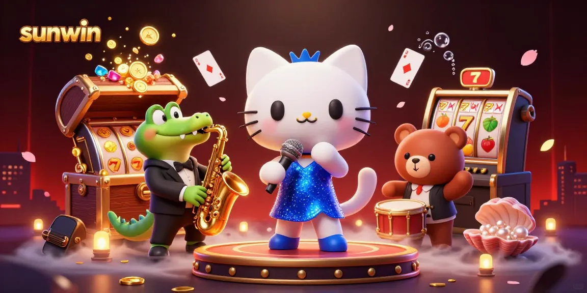 Experience sunwin with a lively scene featuring a jazz-singer cat and vibrant casino elements.