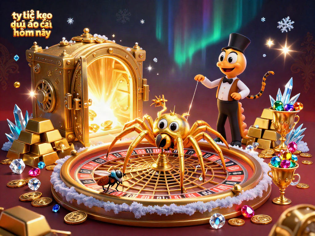 Place bets with tỷ lệ kèo nhà cái hôm nay in a vibrant casino scene featuring a roulette-inspired web.