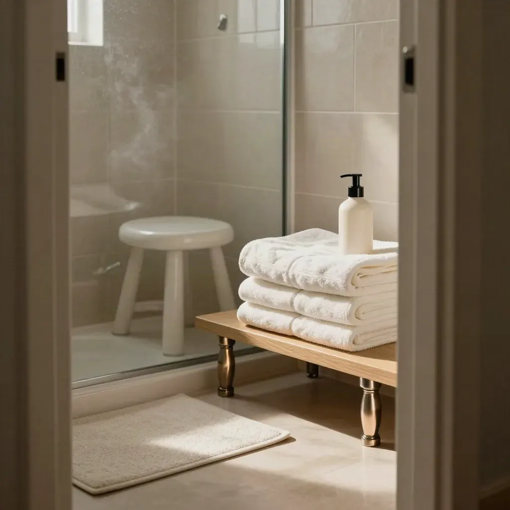 Prepared bathroom shelf with towels, stool, lotion pump and shower mat in warm afternoon light.
