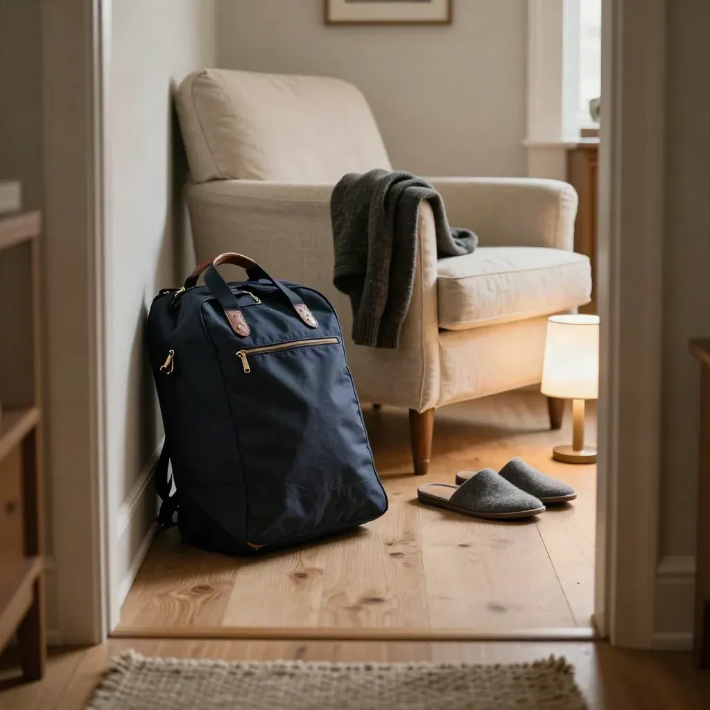 Floor-level hall scene with navy overnight bag, folded cardigan, slippers and glowing lamp by an armchair.