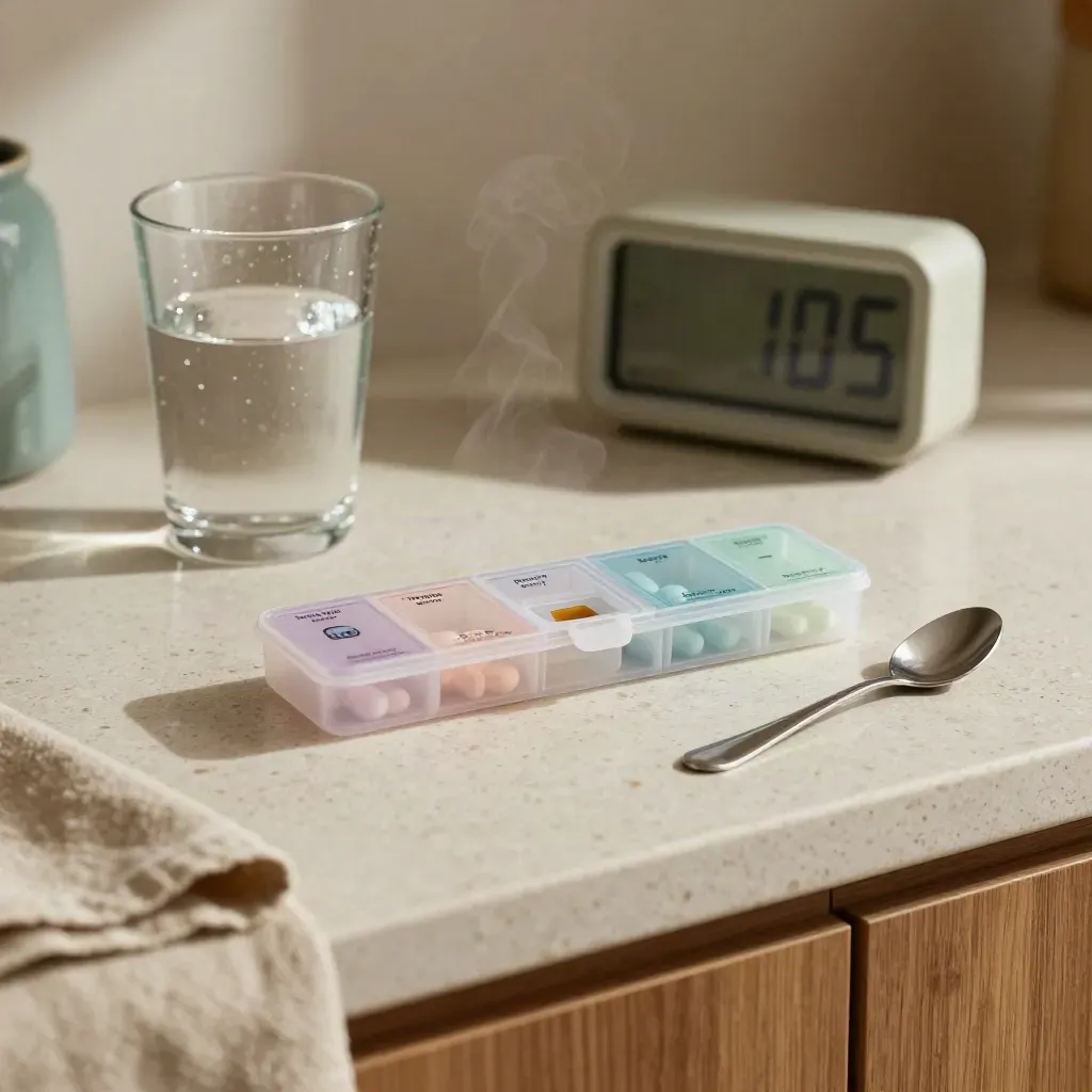 Pill organiser beside water, alarm clock and spoon on a warm kitchen counter.
