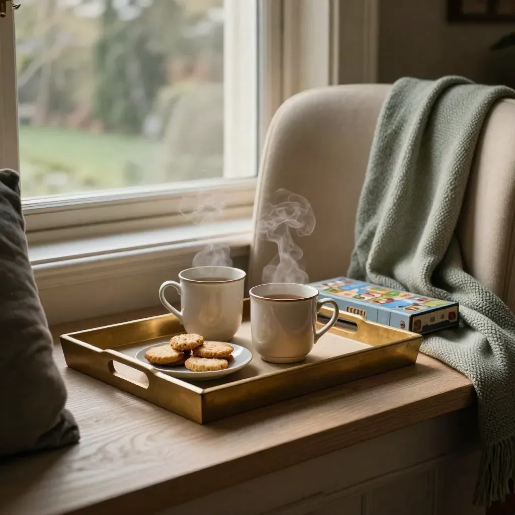Tea tray by a window seat with mugs, biscuits, a sage throw and a turned-away board-game box.
