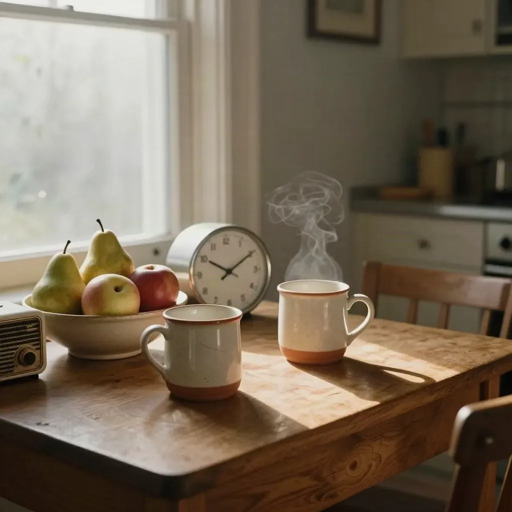 Breakfast nook with mugs, clock, fruit bowl and radio in soft dawn light.