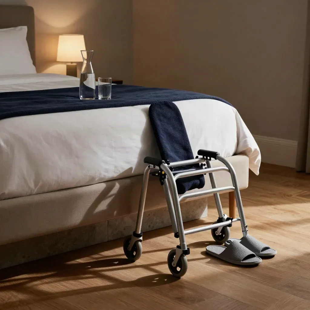 Recovery bedroom corner with raised bed, lamp, slippers, carafe and walking frame in dramatic light