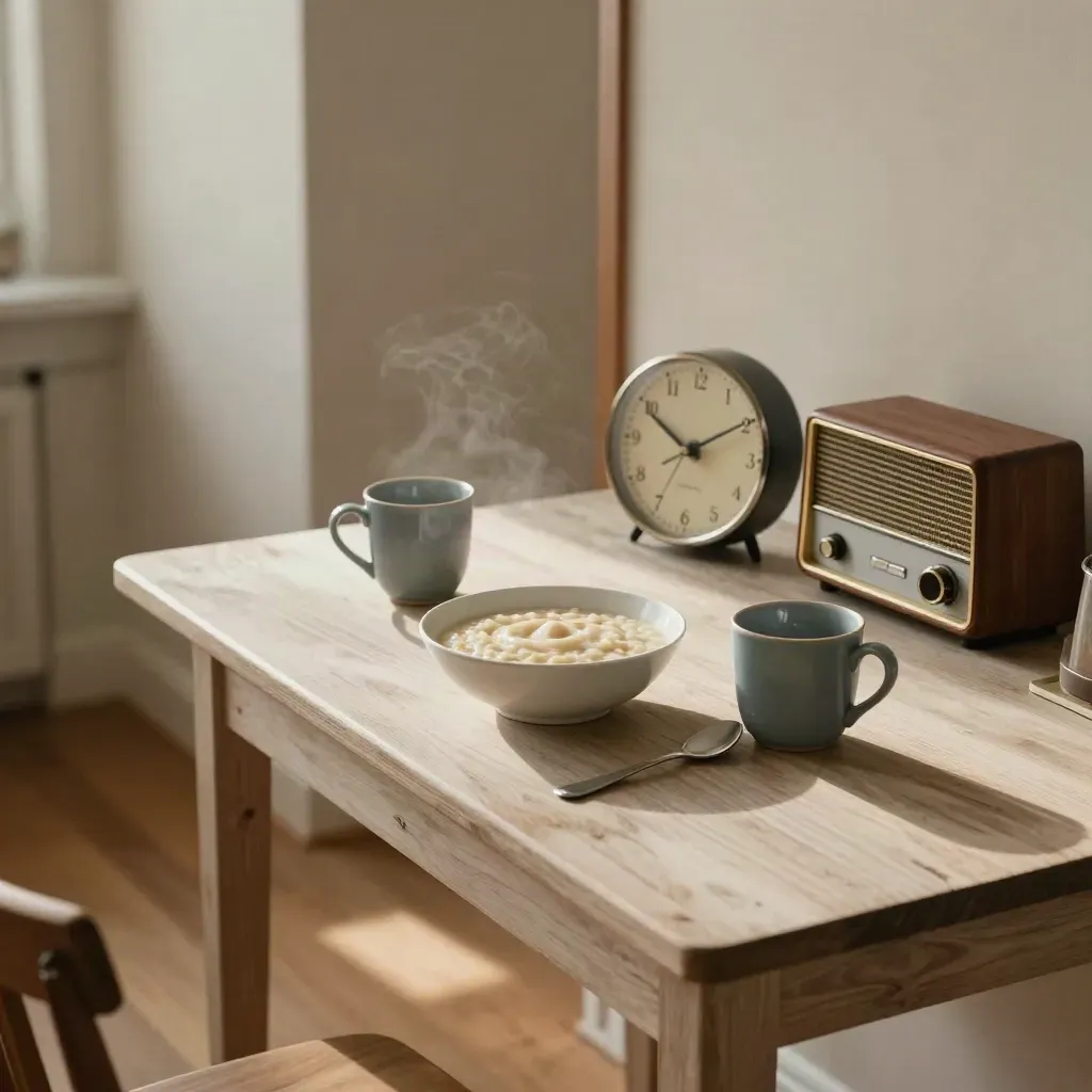 Porridge, two cups, a clock and radio on a cozy kitchen table with soft morning light.