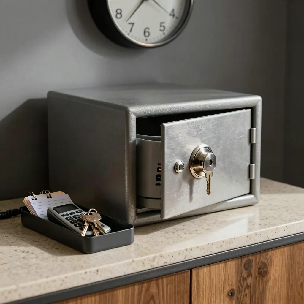 Care manager tools: key safe, cordless phone, wall clock and organiser tray on travertine.