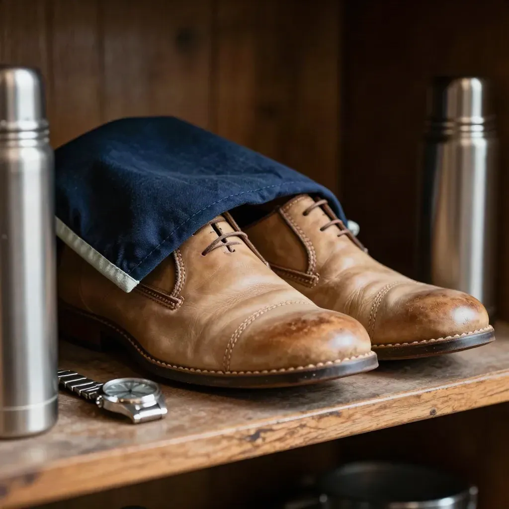 Leather shoes, apron, watch and thermos on a wooden shelf in moody close-up.