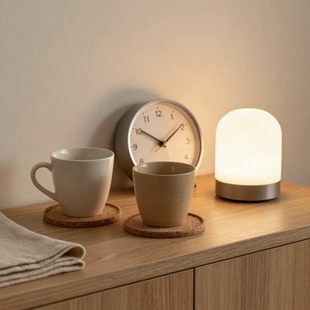 Dementia support aids: cups, coasters, orientation clock and glowing night light on an oak console.