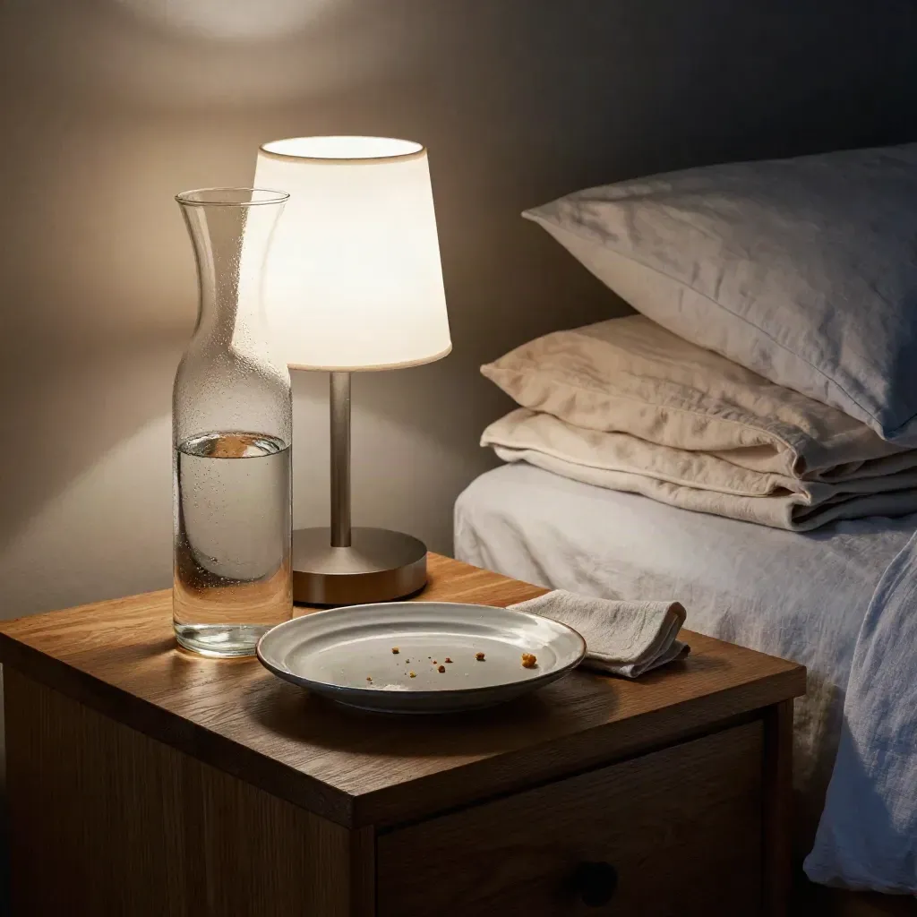 Bedside care still life with water carafe, snack plate, lamp and folded bedding.