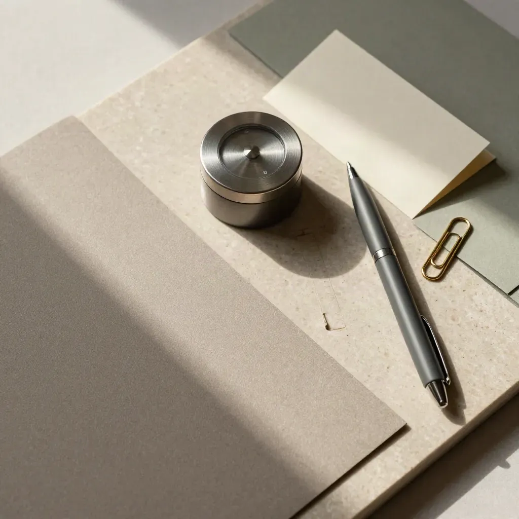 Overhead care-planning still life with folders, timer, pen and brass clip on limestone