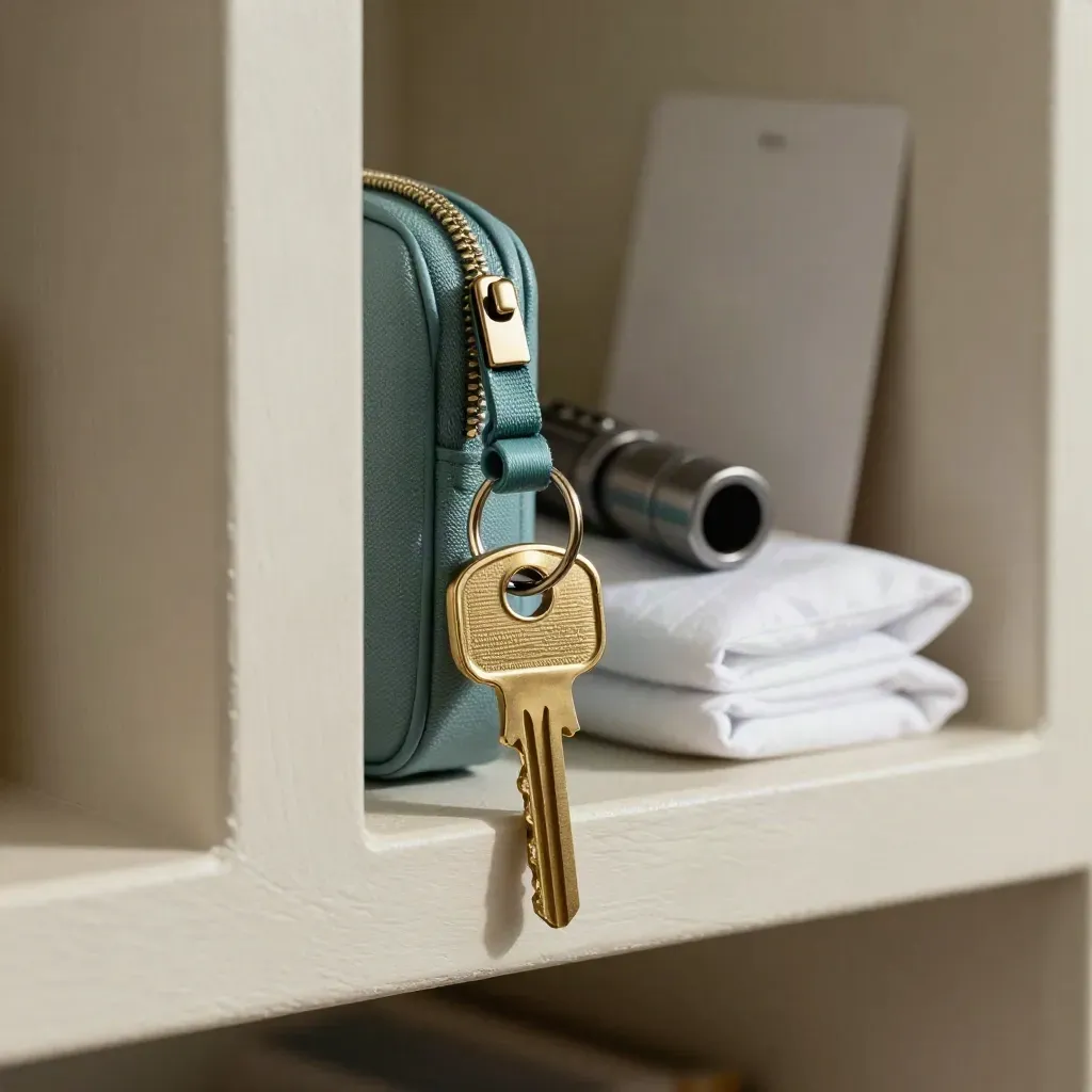 House key, torch, shoe covers and teal zip pull on a shelf edge, ready for a home visit.
