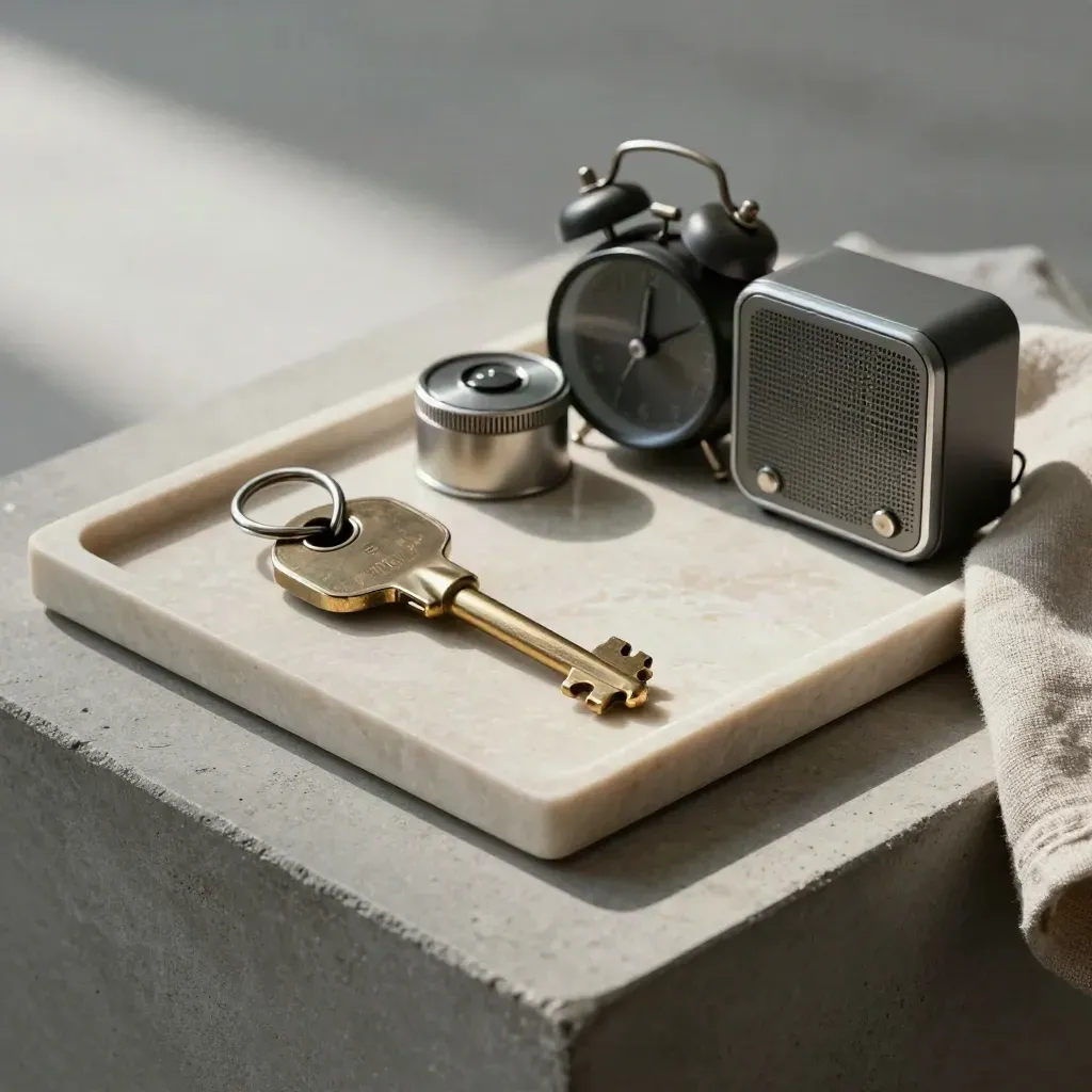 Stone tray with key, timer, alarm clock and radio ready for a home-care visit.