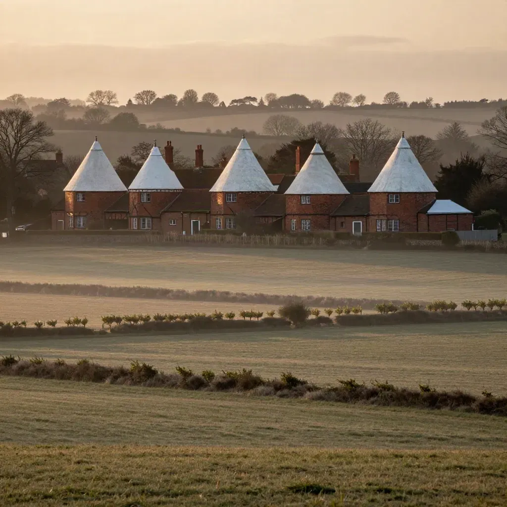 Kent oast houses above misty hop fields at golden hour