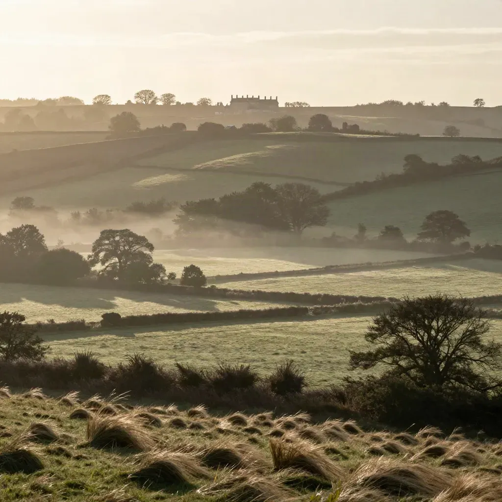 Hazy Surrey chalk hills and a manor roofline above an open valley after rain