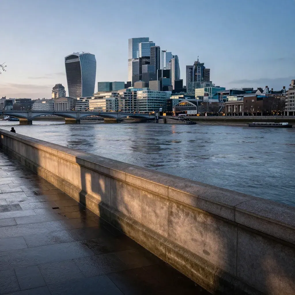 Central London river skyline above a stone embankment at blue hour, calm copy space below