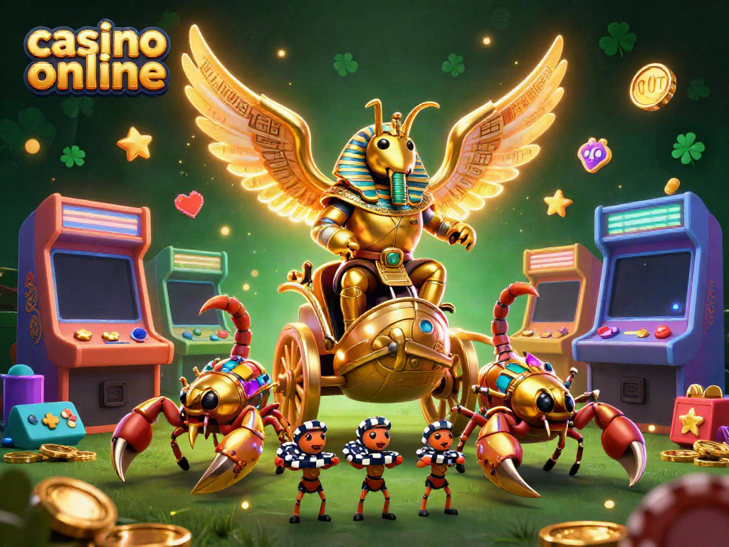 Experience the exciting world of casino online with a vibrant 3D illustration featuring a golden scarab and game elements.