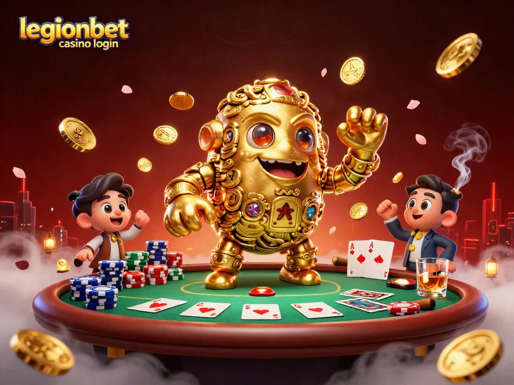 Join the excitement of legionbet casino login, featuring a golden golem and poker elements.