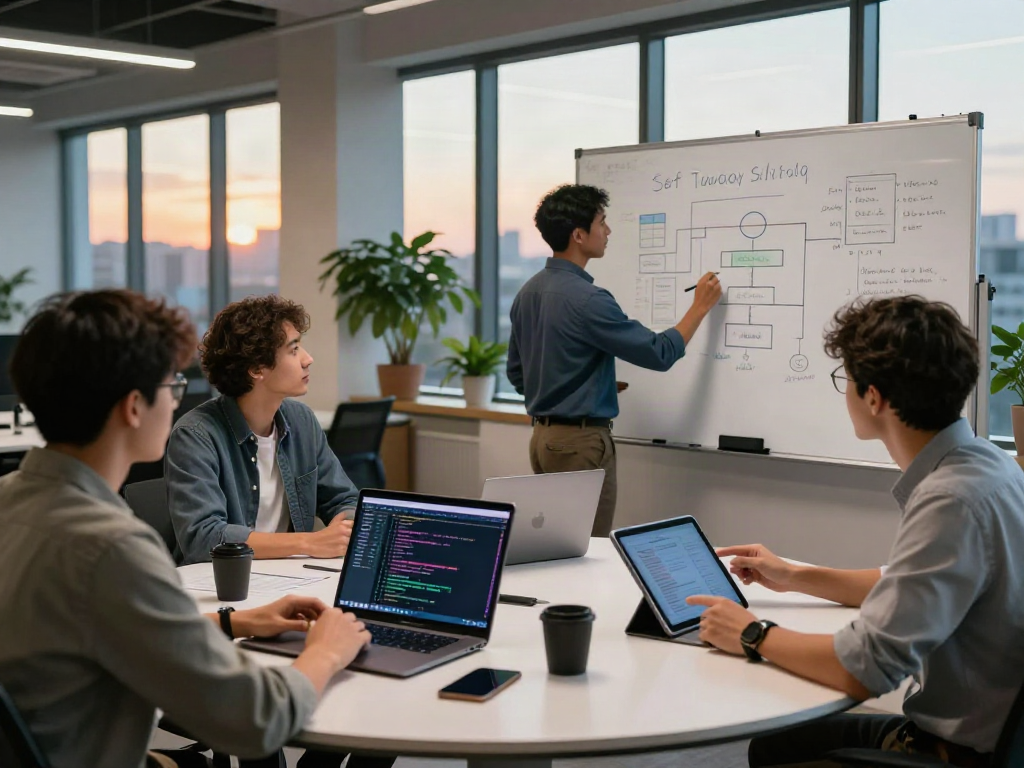 Collaborative tech team at work solving problems on vexpuzzle.com in a modern workspace.